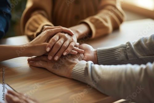 A gathering of supportive hands representing trust, compassion, and hope at a community rehab table during a group meeting photo