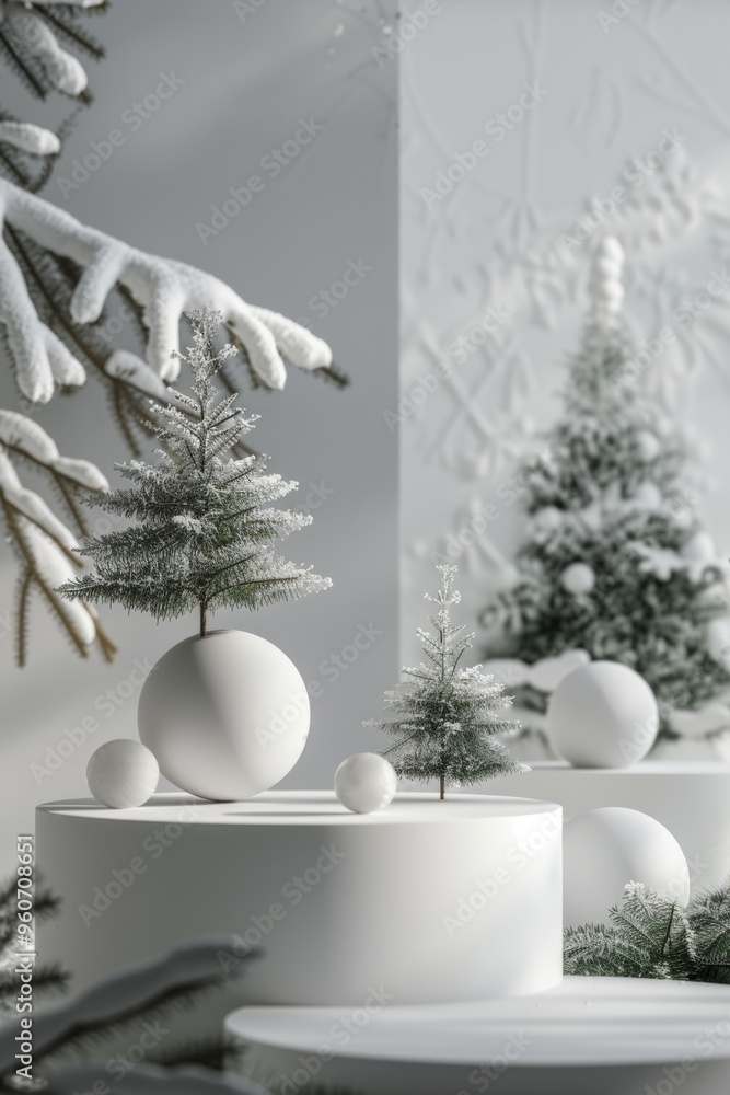 Minimalist 3D render with balls and pine trees on a podium, showcasing simplicity and elegance for Minimalist 3D render with balls and pine trees on a podium, showcasing simplicity and elegance for