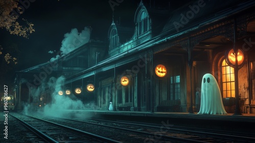 A Ghostly Figure Stands on a Train Platform Adorned with Jack-o'-Lanterns at Night photo