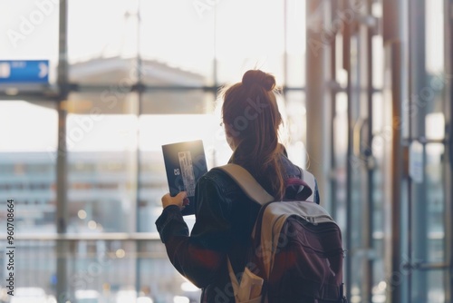 Excited traveler with passport and backpack preparing for an international flight at the bustling airport during sunrise photo