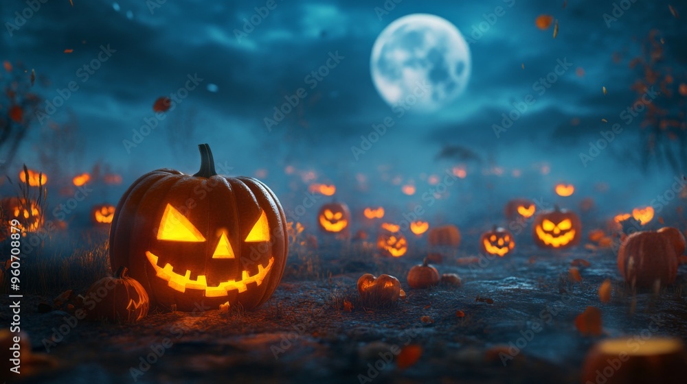Jack-o'-lantern in a Field of Pumpkins Under a Full Moon Jack-o'-lantern in a Field of Pumpkins Under a Full Moon