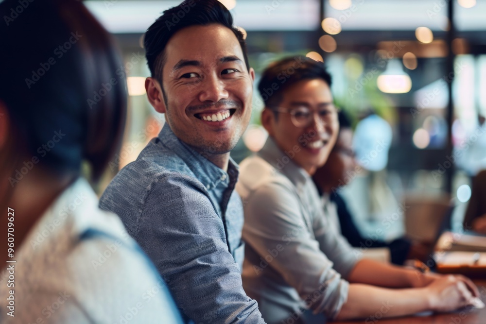 Happy businessman engaged during a collaborative meeting in a modern office with colleagues sharing ideas Happy businessman engaged during a collaborative meeting in a modern office with colleagues sharing ideas