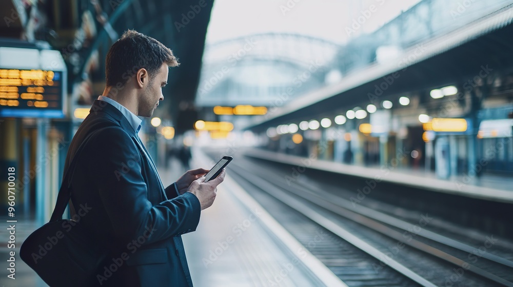 A man is standing at a train station with a tablet in his hand A man is standing at a train station with a tablet in his hand