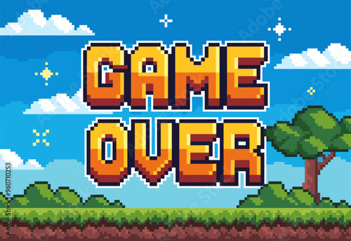 Game over background. Pixel 8 bit banner for retro video game screen. Vintage Landscape with trees and sky for arcade platformer game. Retro vector illustration in pixel art style