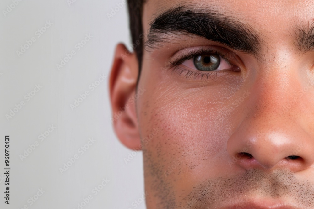 A close-up portrait of a male model showcasing radiant skin and flawless texture, highlighting the results of effective skincare in natural light A close-up portrait of a male model showcasing radiant skin and flawless texture, highlighting the results of effective skincare in natural light