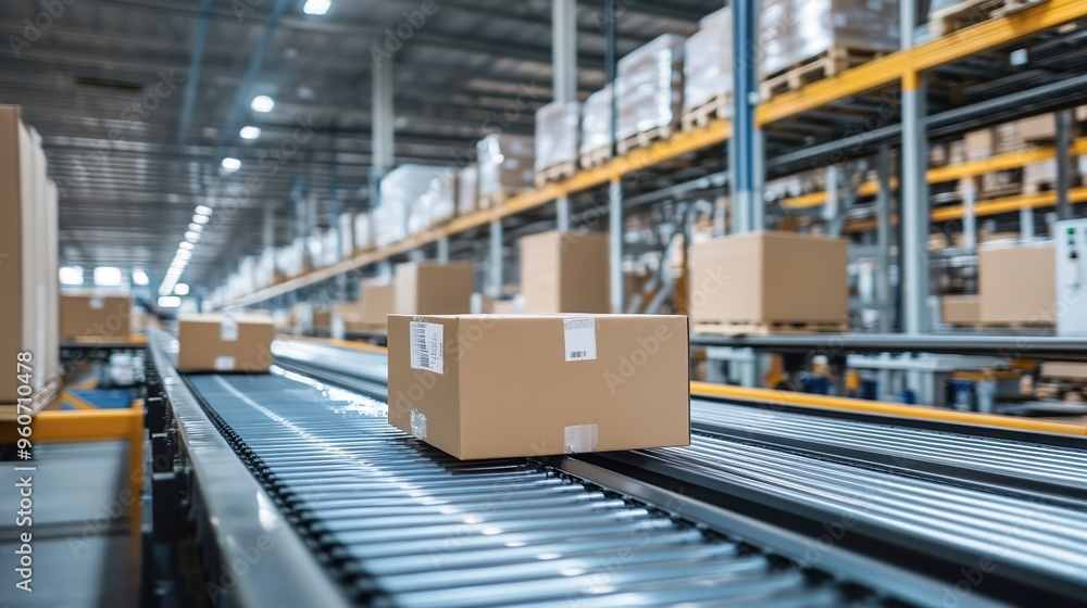 A conveyor belt in a warehouse with boxes on it A conveyor belt in a warehouse with boxes on it