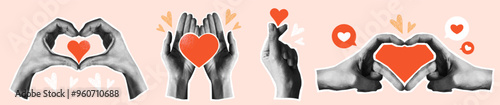 Halftone Hands Set with Hearts. Black and white grunge style hands showing gestures of love and heart. Social media like icons. Realistic vector illustration collection isolated on background