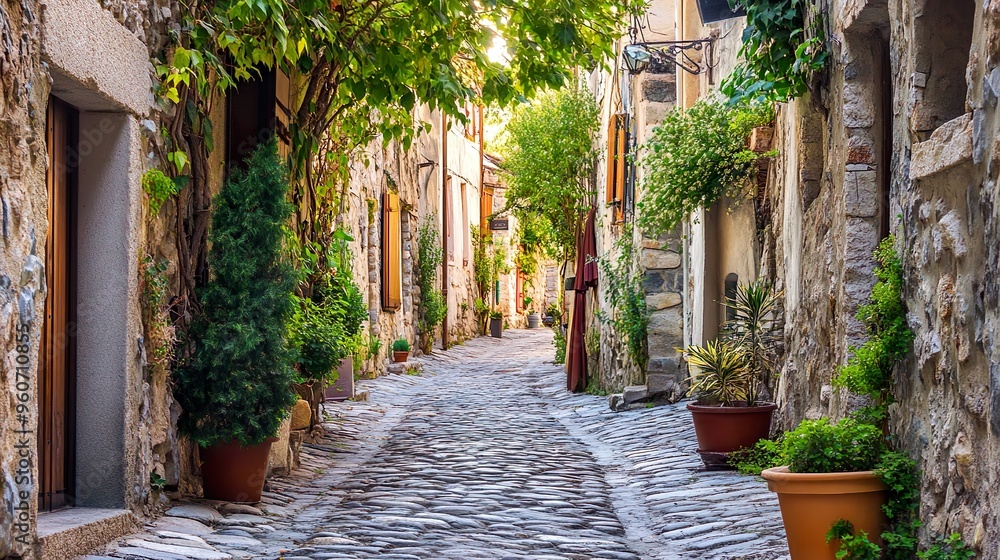 Obraz premium A narrow street lined with trees and potted plants