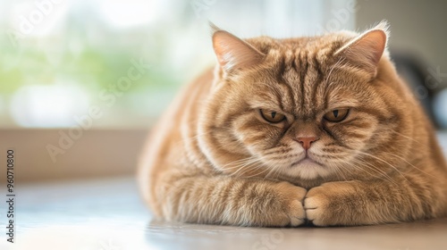 Wallpaper Mural A close-up of a pensive brown tabby cat resting on a smooth surface, exuding a serene yet moody demeanor. Torontodigital.ca