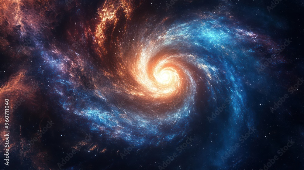 A stunning spiral galaxy illuminated by vibrant blue and orange hues in the vastness of space. A stunning spiral galaxy illuminated by vibrant blue and orange hues in the vastness of space.