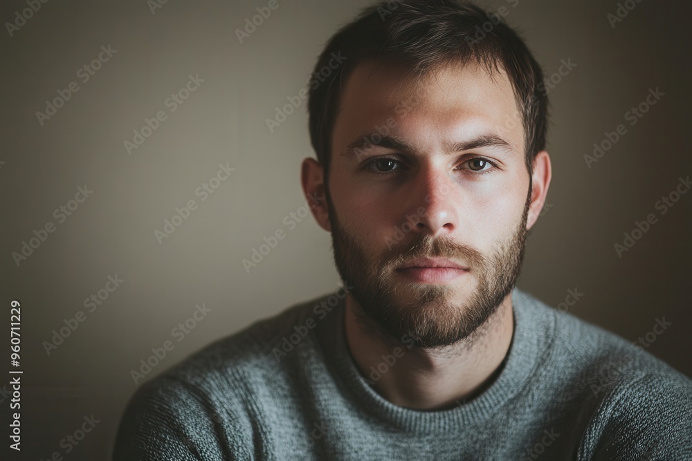 Fototapeta premium A contemplative man with a beard sits in low light, expressing serious thoughts and emotions while staring directly at the viewer. Generative AI
