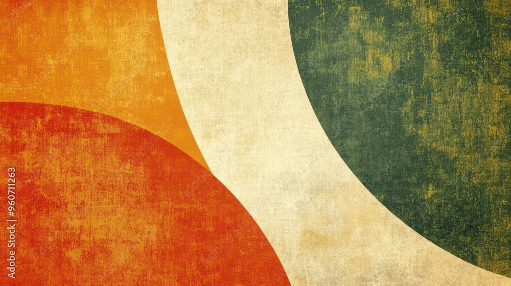 Abstract retro design featuring warm orange and green circular shapes on a textured beige background. Abstract retro design featuring warm orange and green circular shapes on a textured beige background.