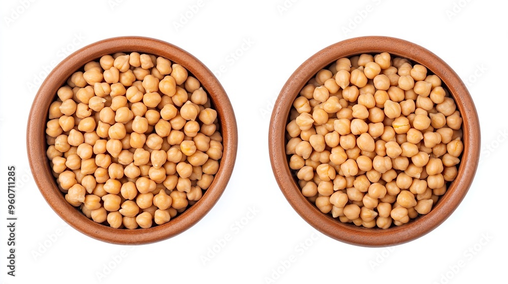 Two bowls of chickpeas are shown on a white background Two bowls of chickpeas are shown on a white background