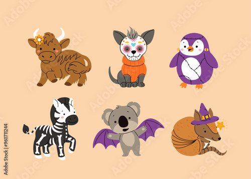 Happy Halloween day cute animal vector. Cartoon collection of animals with halloween costumes, pumpkin, skeleton, wizard, wings. Adorable animal characters in autumn festival