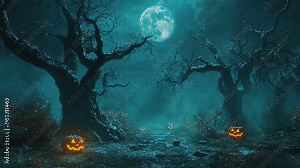 Spooky Forest Path with Jack-o'-Lanterns and Full Moon
