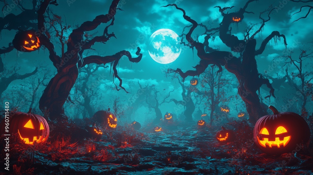 Illuminated Jack-o'-lanterns Amidst Silhouetted Trees and a Full Moon Illuminated Jack-o'-lanterns Amidst Silhouetted Trees and a Full Moon