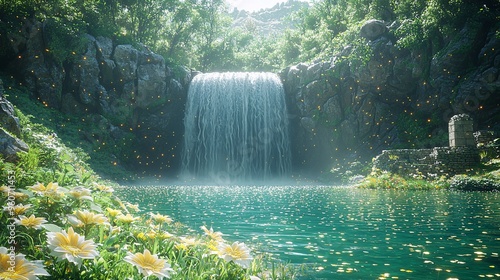 Fototapeta Naklejka Na Ścianę i Meble -  An enchanted waterfall flowing into a crystal clear pool surrounded by lush, vibrant greenery and exotic flowers