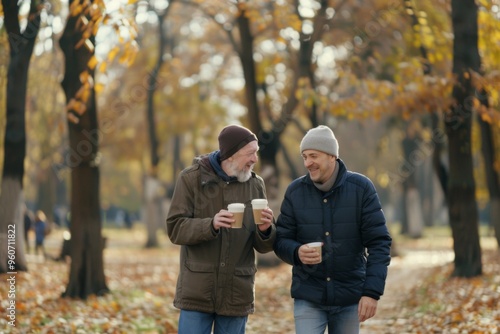 Two friends share laughter and warm coffee in an autumn park as they stroll through fallen leaves and vibrant colors