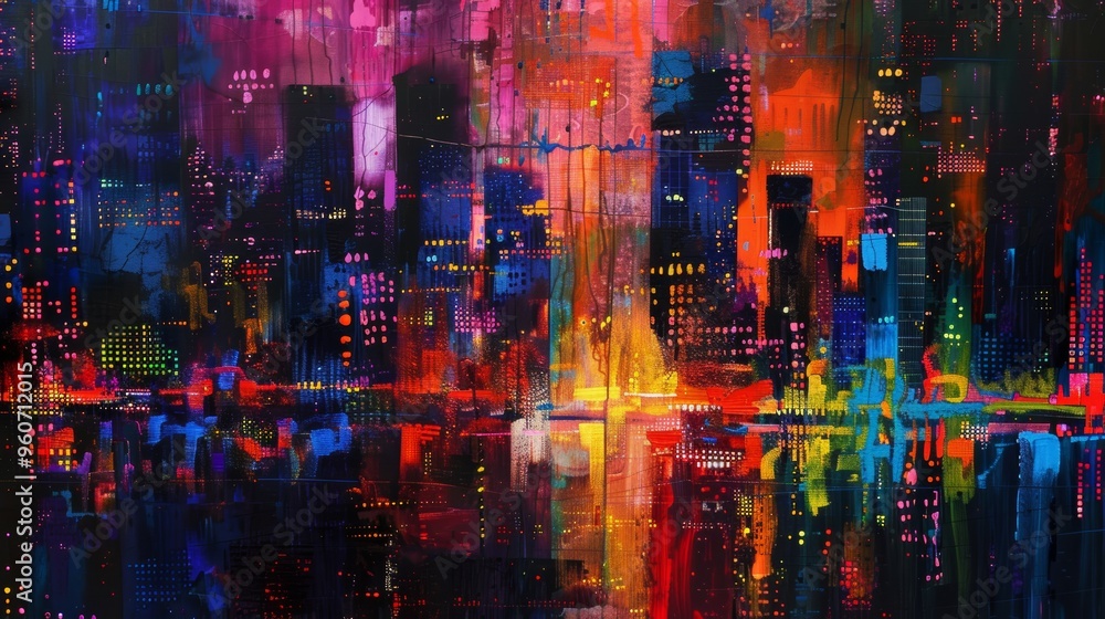 Naklejka premium An abstract cityscape with tall buildings and colorful lights
