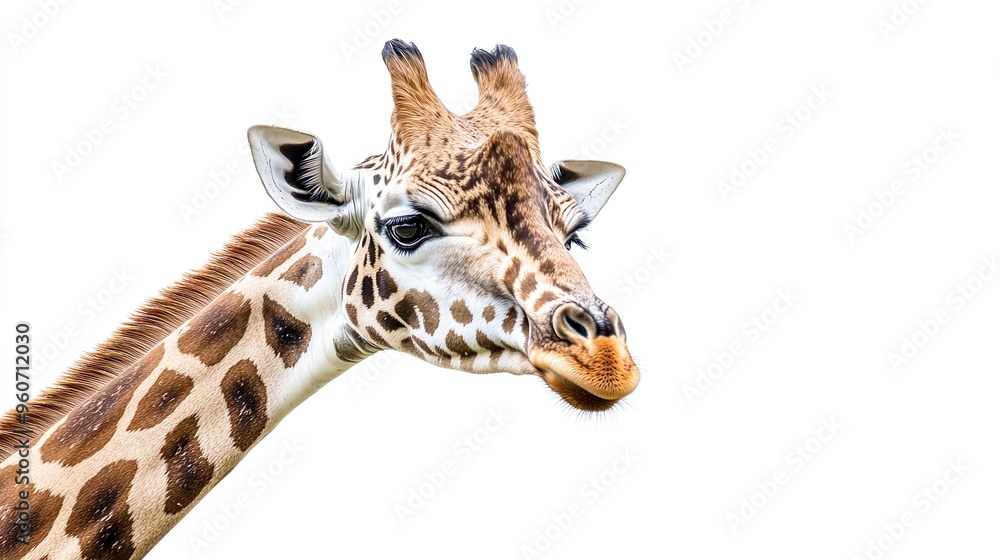 A giraffe is looking at the camera with its mouth open A giraffe is looking at the camera with its mouth open