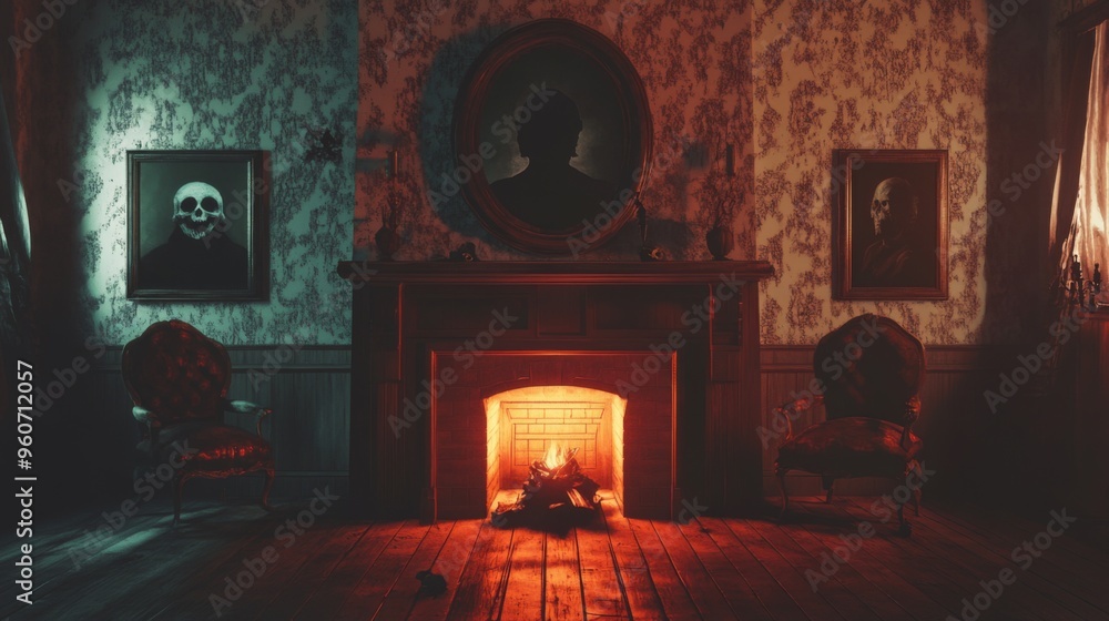 A Haunted Room with a Fireplace and Portraits of Skulls A Haunted Room with a Fireplace and Portraits of Skulls