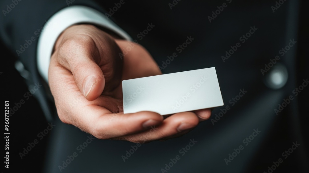 Obraz premium Business Card Mockup - Blank White Card Held in Hand of Businessman
