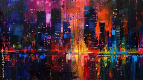 Wallpaper Mural An abstract cityscape with tall buildings and colorful lights Torontodigital.ca