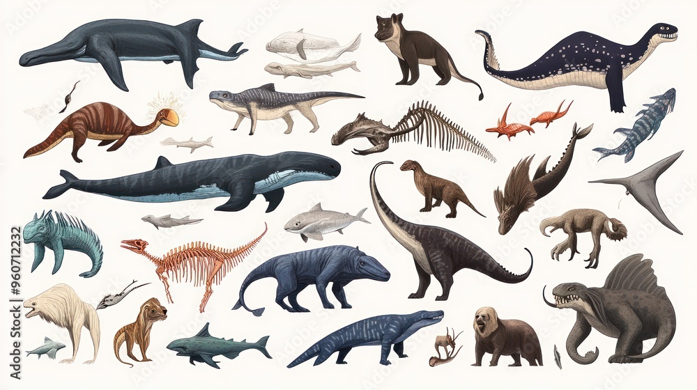 Obraz premium A diverse collection of prehistoric and modern marine and terrestrial animals featuring various species and their skeletal forms.