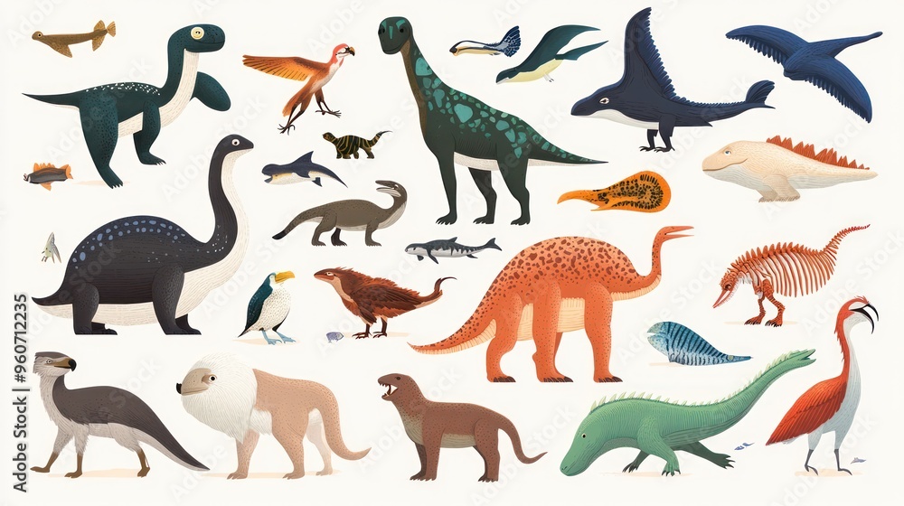 Obraz premium A vibrant illustration featuring various dinosaurs and prehistoric creatures in a playful design.