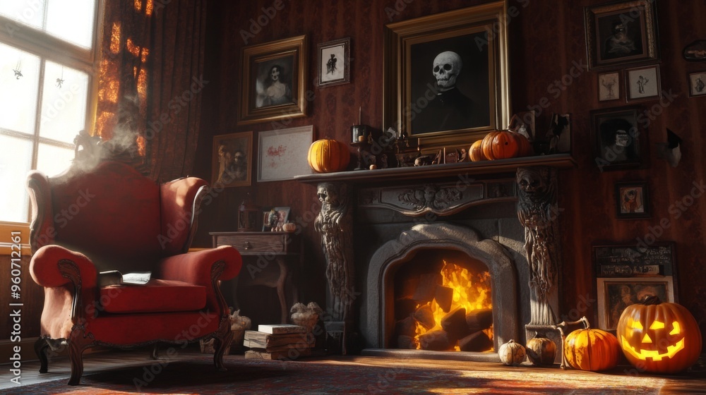 Naklejka premium A Cosy Halloween Interior with a Fireplace and a Carved Pumpkin