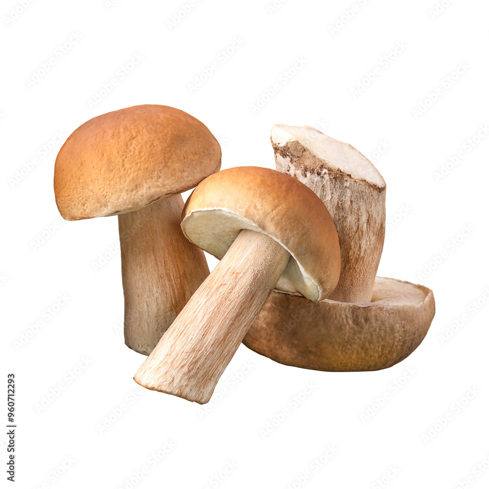 Fototapeta premium Three mushroom boletus isolated on transparent background. Harvesting fresh cep. Food, design, autumn. Nature concept.