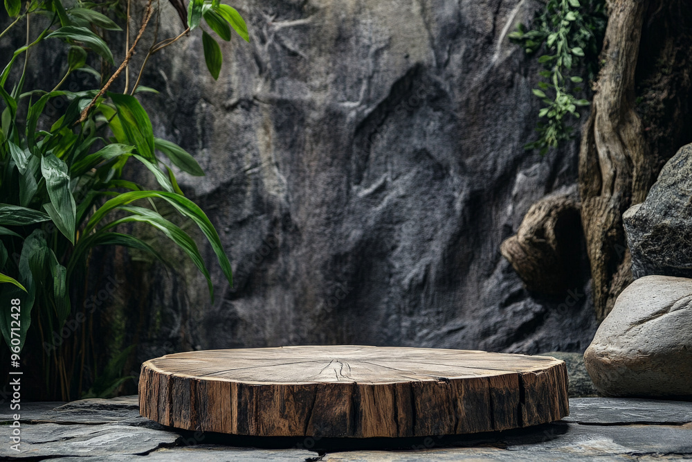A rustic wooden podium with visible grain and texture, standing on a stone floor with a background of natural elements, like plants and rocks. A rustic wooden podium with visible grain and texture, standing on a stone floor with a background of natural elements, like plants and rocks.