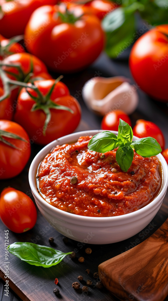 Aerial View of Tomato Paste in a White Bowl on Rustic Wooden Table Aerial View of Tomato Paste in a White Bowl on Rustic Wooden Table
