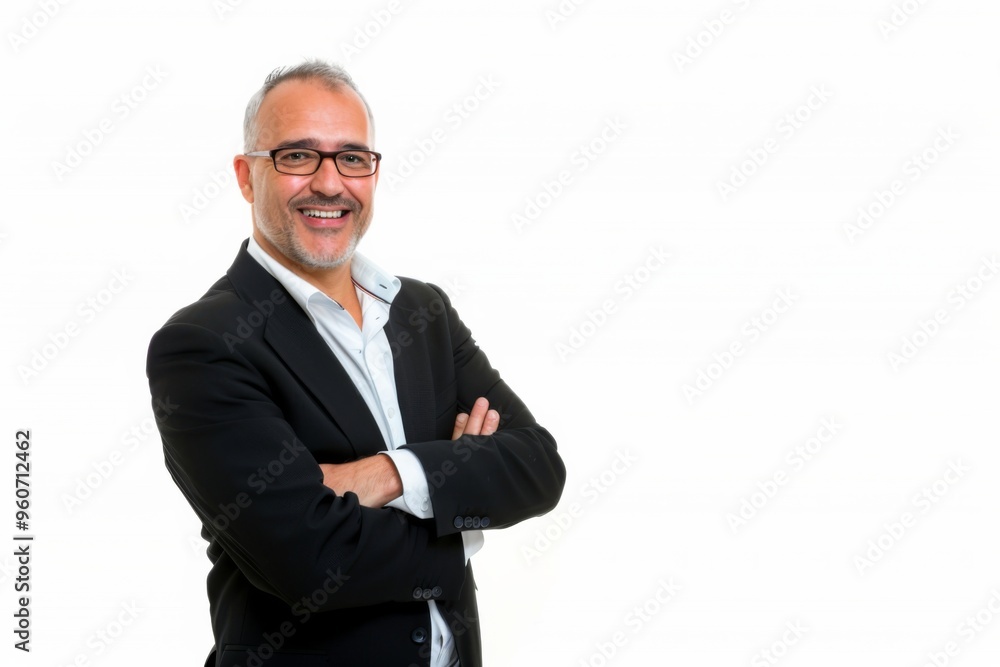 Confident middle-aged businessman in a suit showcases professionalism with arms crossed against a clean white background Confident middle-aged businessman in a suit showcases professionalism with arms crossed against a clean white background