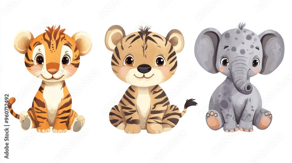 Obraz premium Adorable cartoon animals: a cheerful tiger cub, a playful tiger, and a cute baby elephant, perfect for children's designs.
