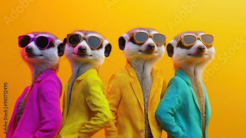 Four stylish meerkats in vibrant blazers and sunglasses pose against a bright yellow background, exuding fun and confidence.