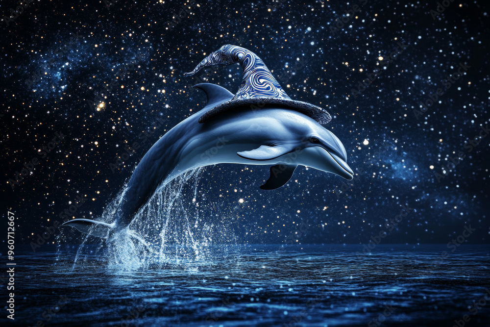 Obraz premium A graceful dolphin leaping out of the ocean, wearing a witch hat with a wave pattern, under a night sky filled with stars.