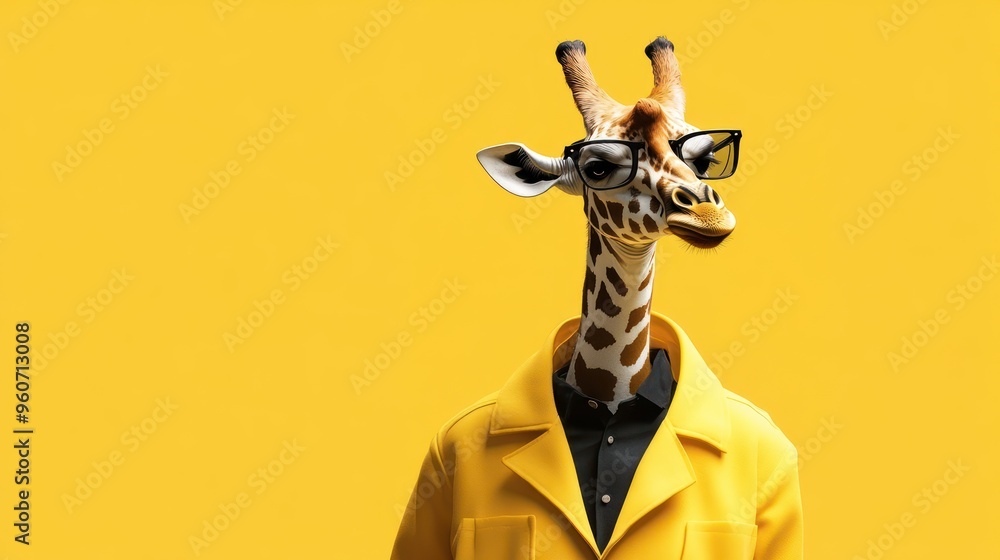 A whimsical giraffe wearing glasses and a yellow raincoat against a bright yellow background. A whimsical giraffe wearing glasses and a yellow raincoat against a bright yellow background.