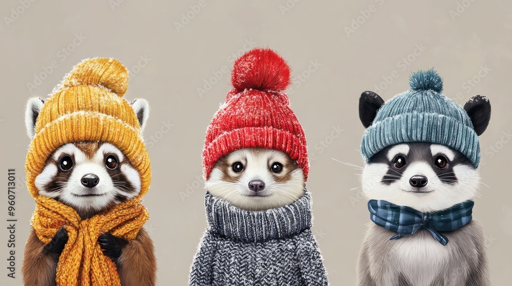Obraz premium Three adorable cartoon raccoons wearing colorful winter hats and scarves, exuding a cozy, playful vibe amidst a soft, neutral background.