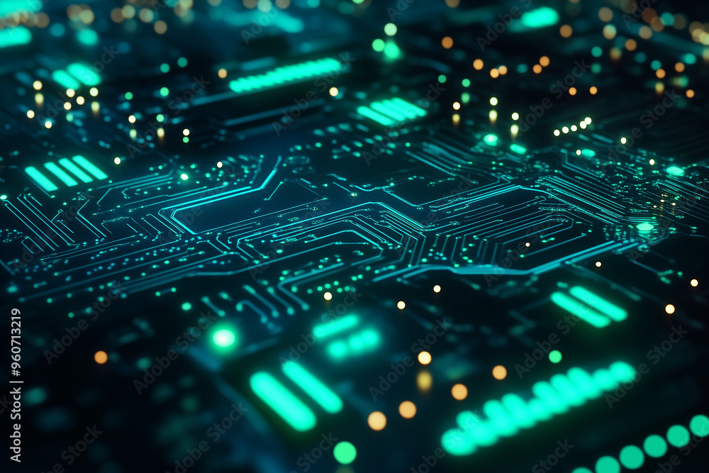 Close-Up Glowing Circuit Board Technology. Close-up of a glowing blue and green circuit board, ideal for tech themes. Close-Up Glowing Circuit Board Technology. Close-up of a glowing blue and green circuit board, ideal for tech themes.