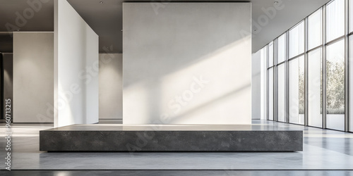 A minimalist stone podium made of smooth, grey concrete, placed in a sleek, modern architectural space with large windows and natural light.