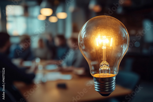 Foreground Illuminated Light Bulb with Team. Illuminated light bulb in focus with a blurred business meeting in the background. photo