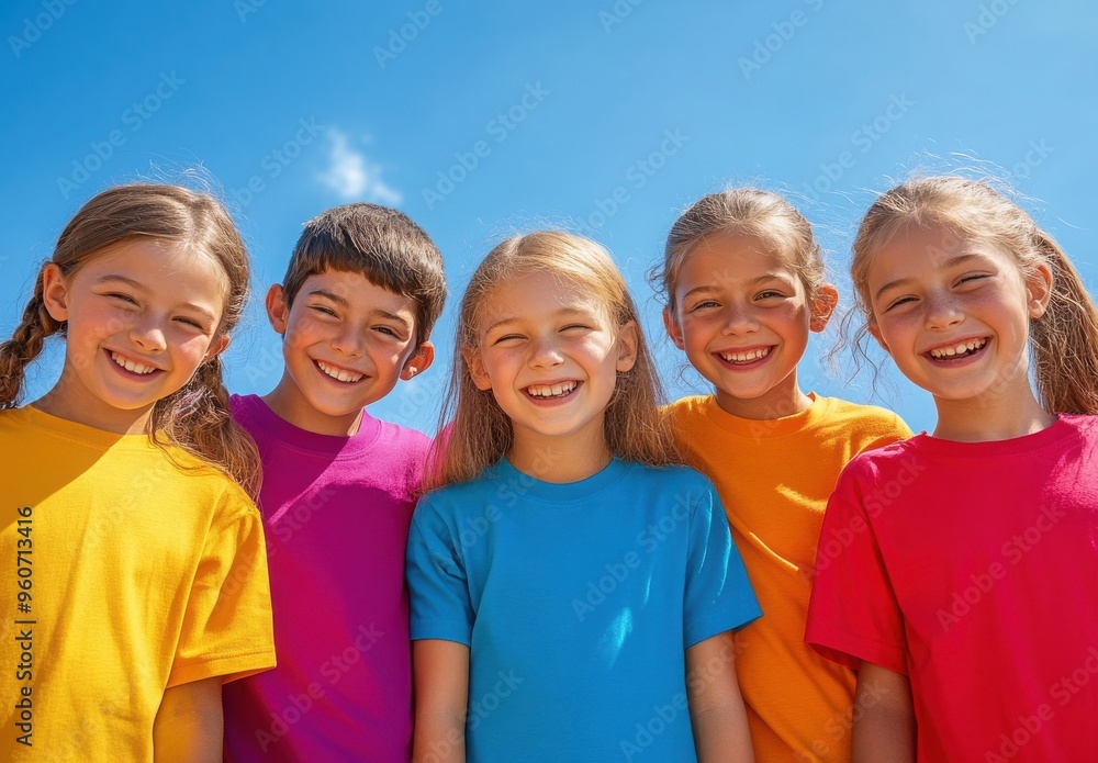 Joyful Kids in Colorful Shirts Smiling Together Joyful Kids in Colorful Shirts Smiling Together