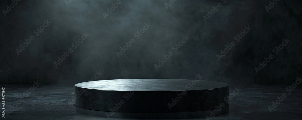 A round, black podium with a glossy finish, placed in front of a dark, dramatic background with subtle lighting to highlight the podium’s edges. A round, black podium with a glossy finish, placed in front of a dark, dramatic background with subtle lighting to highlight the podium’s edges.