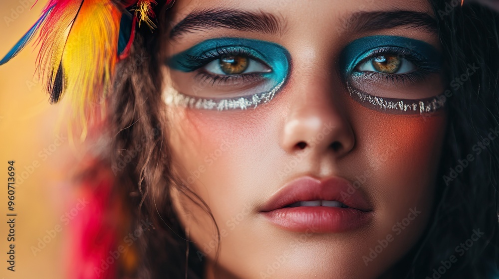 Fototapeta premium A woman with blue and yellow makeup on her face