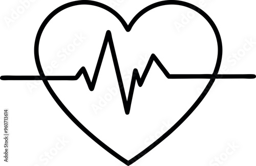 Heart Shape with EKG Line Symbolizing Love, Health, and Wellness in Simple Line Art Illustration