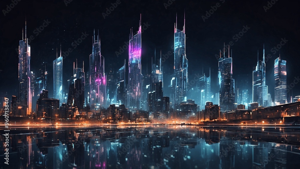 Obraz premium Futuristic cityscape with neon lights reflecting on water at night
