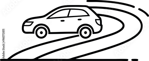 Outline Illustration of a Car Skidding on a Curved Road Representing Drifting and Tire Safety Concepts