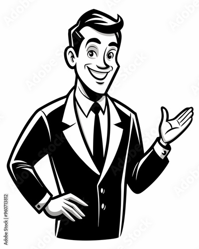 A confident, smiling businessman in a classic suit, gesturing with one hand while the other is on his hip. Black-and-white vector style with clean. Businessman silhouette vector art illustration