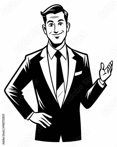 A confident, smiling businessman in a classic suit, gesturing with one hand while the other is on his hip. Black-and-white vector style with clean. Businessman silhouette vector art illustration